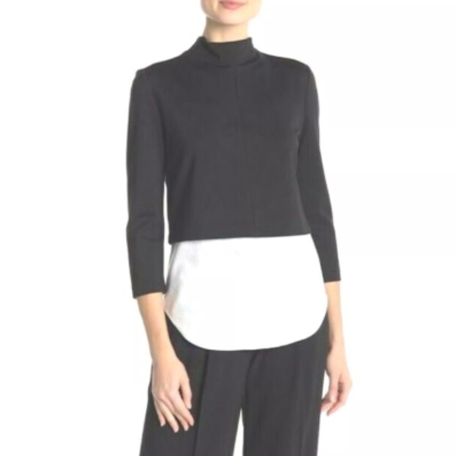 Theory Gracila Fixture Black Knit Mock Neck Shirttail Ponte Layered Top M